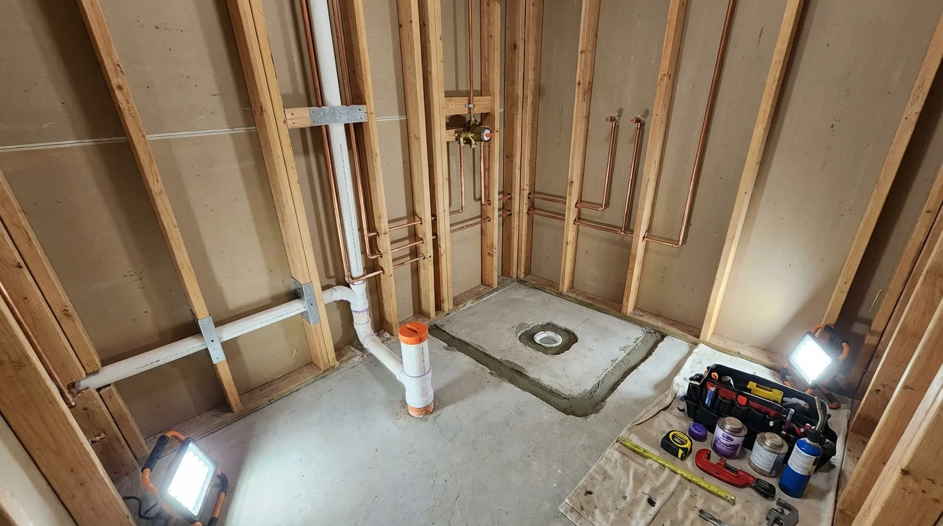 Bathroom rough-in plumbing during remodel by Johns Plumbing LLC in Romney