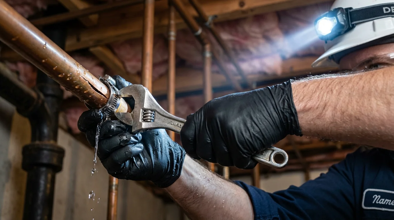 Emergency pipe clamp repair being performed by a Johns Plumbing LLC plumber in Romney