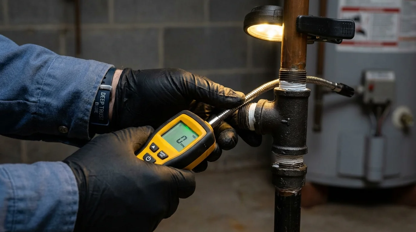 Gas leak detection with electronic sniffer by Johns Plumbing LLC in Romney