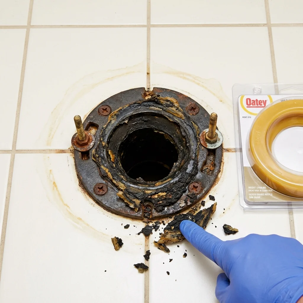 Failed wax ring showing water seepage at the base of a toilet in a Romney, WV home