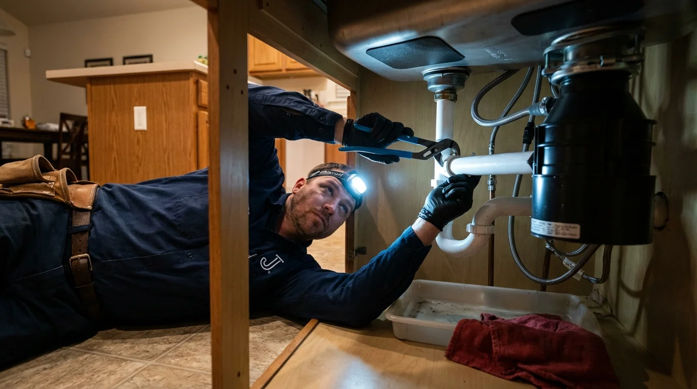 P-trap and supply line connections under a kitchen sink showing a common leak point in Romney, WV